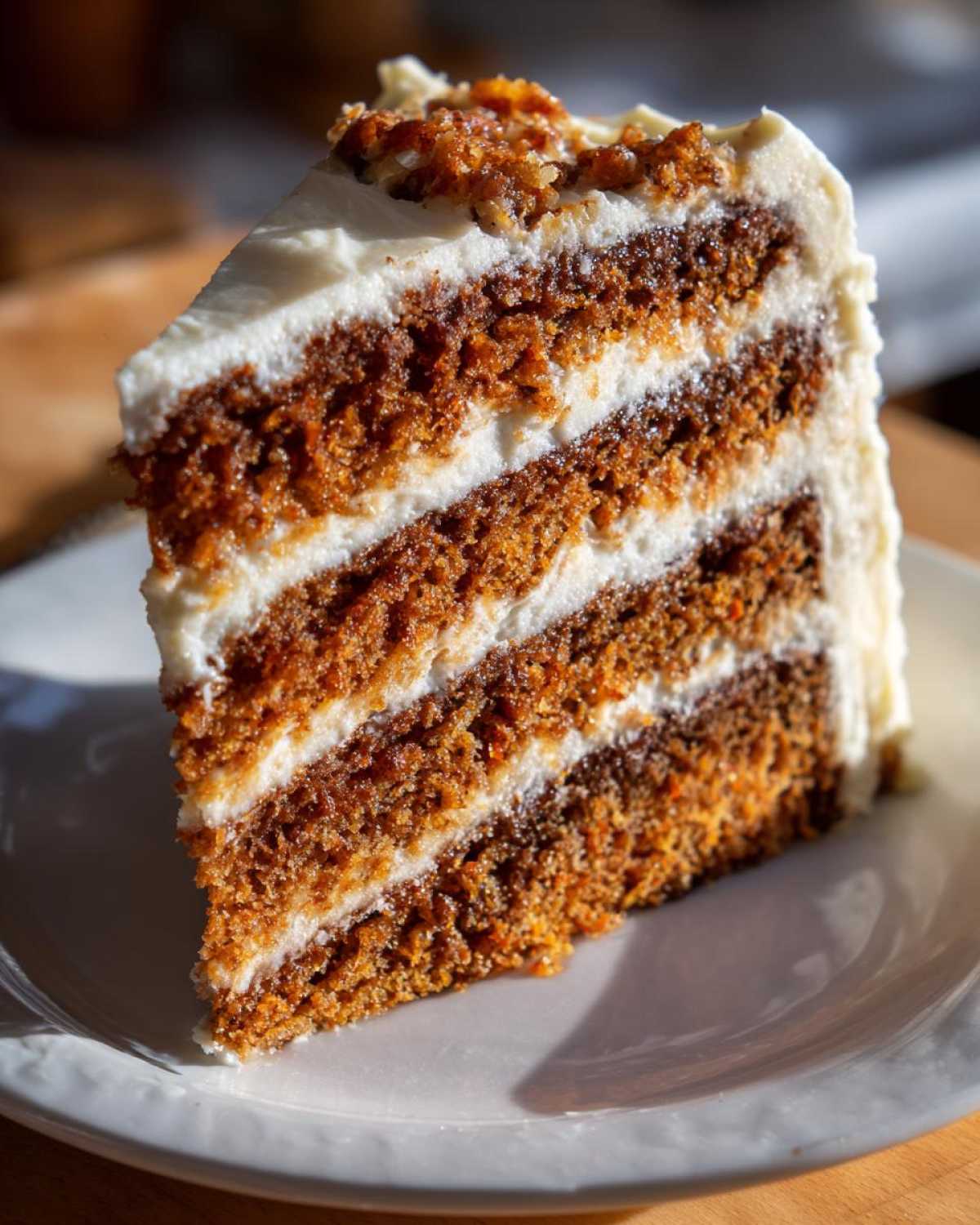 Close-up of a thick slice of layered spice cake with white cream cheese frosting and nut topping.