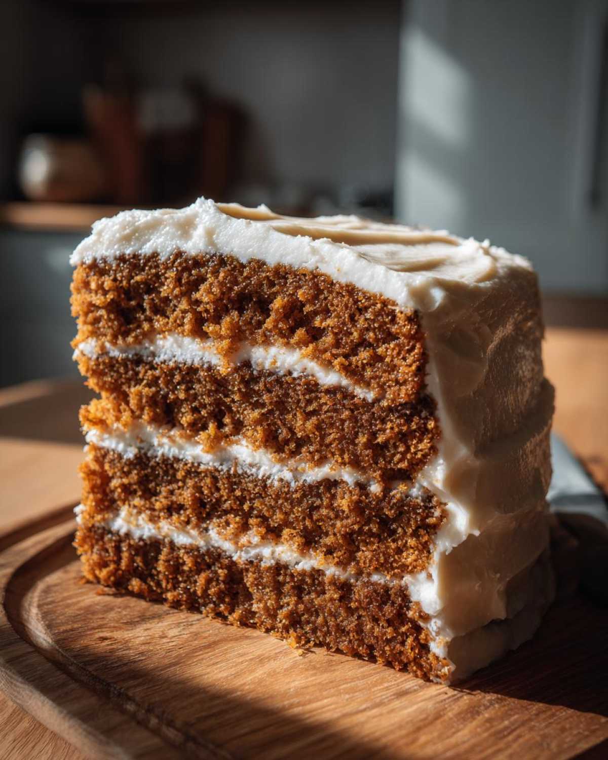 A tall, moist slice of three-layer spice cake with thick white frosting, resting on a wooden board.