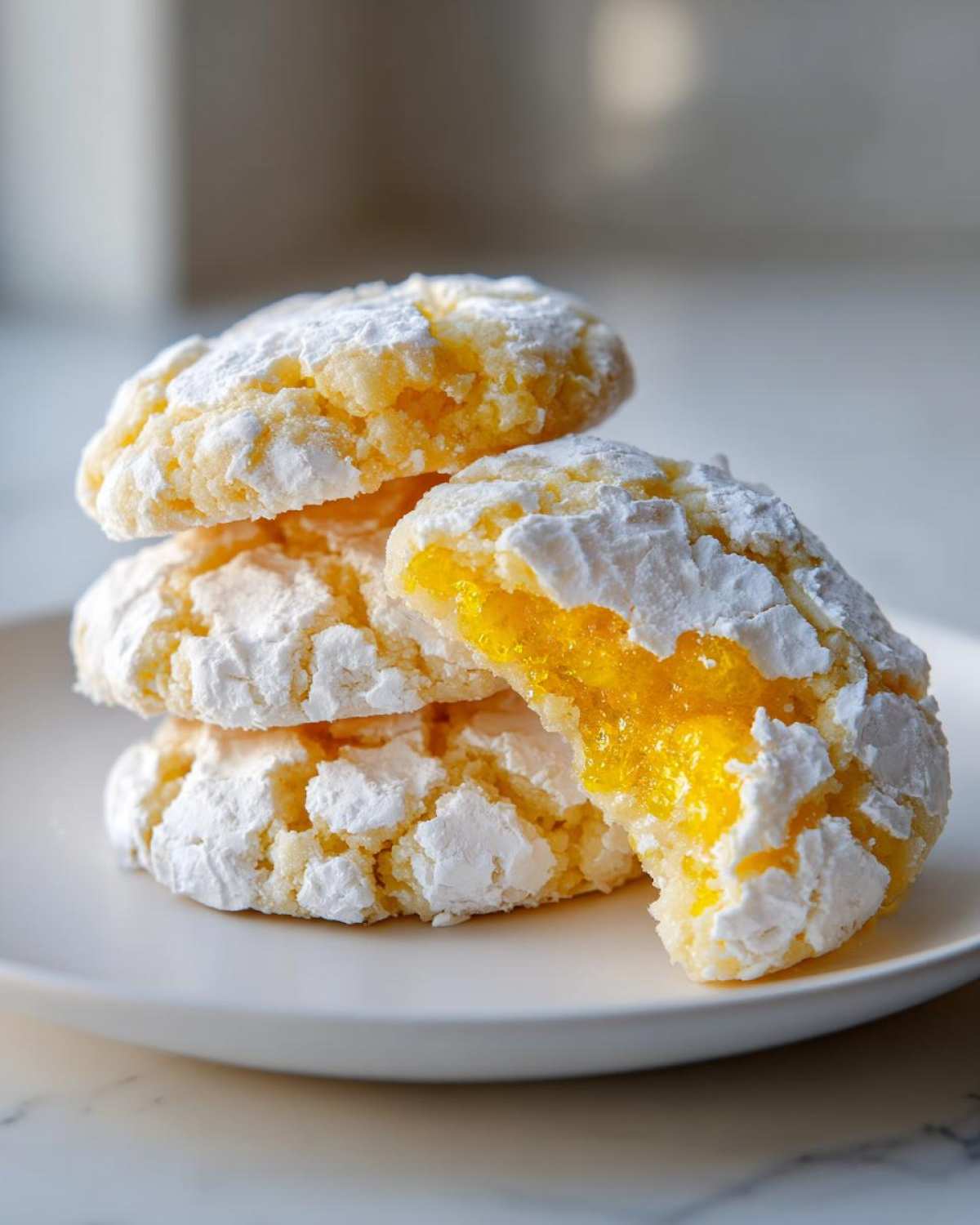 A stack of three lemon crinkle cookies, one broken open to show the bright yellow interior.