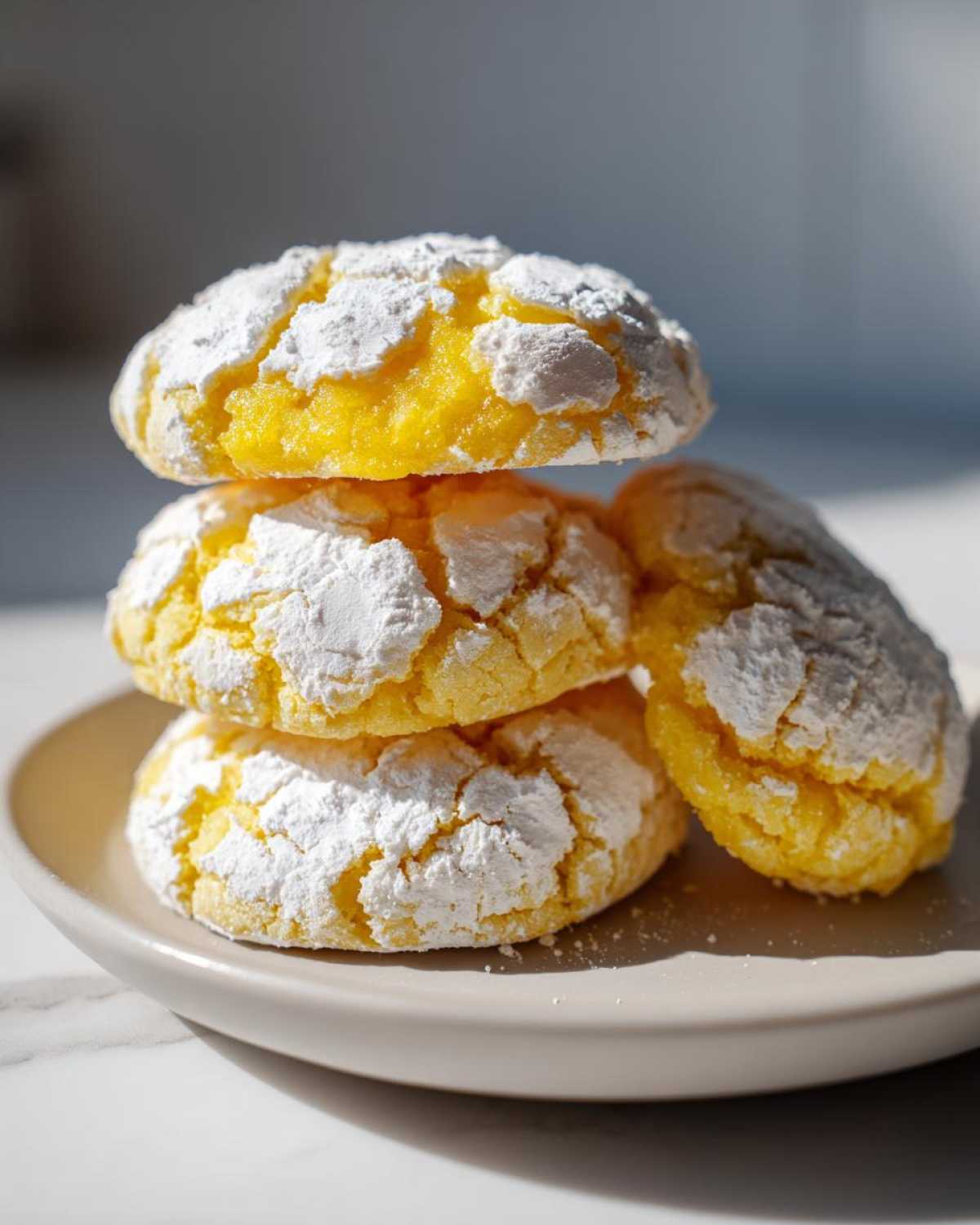 A stack of three bright yellow lemon crinkle cookies dusted heavily with powdered sugar on a small plate.