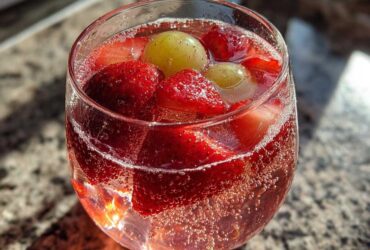 Close-up of a glass filled with bubbly, reddish champagne punch garnished with fresh strawberries and green grapes.