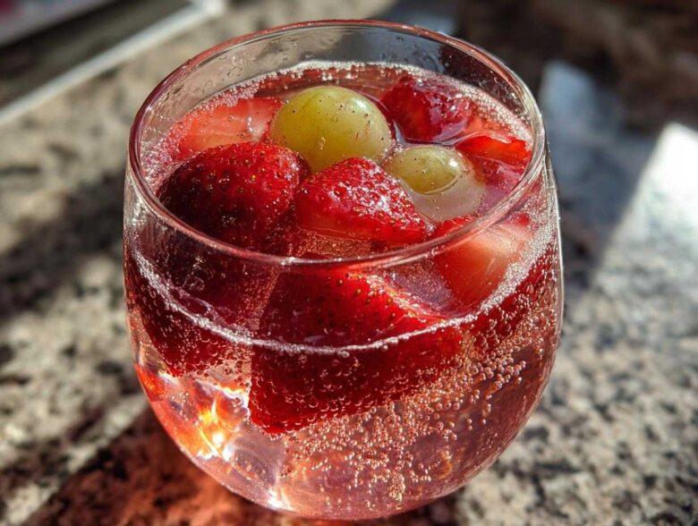 Close-up of a glass filled with bubbly, reddish champagne punch garnished with fresh strawberries and green grapes.