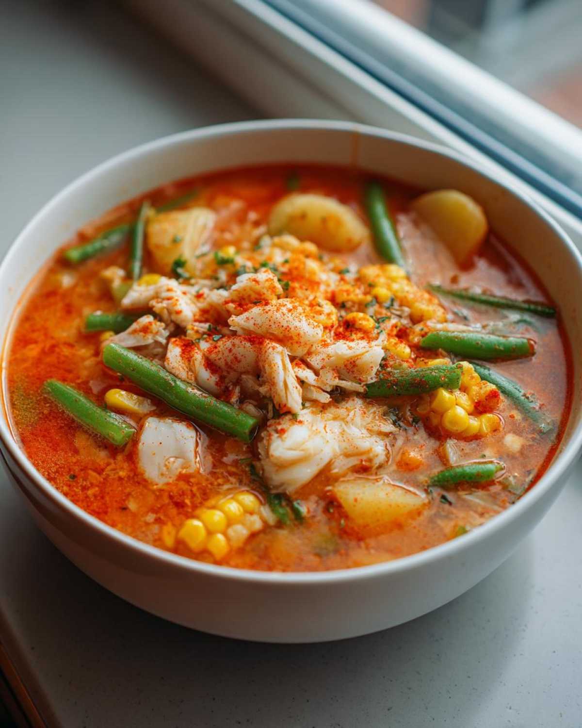 Close-up of a white bowl filled with vibrant, reddish-orange maryland crab soup, topped with lump crab meat, corn, and green beans.