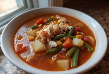 Close-up of a bowl of Maryland crab soup filled with vegetables, broth, and topped with crab meat and paprika.