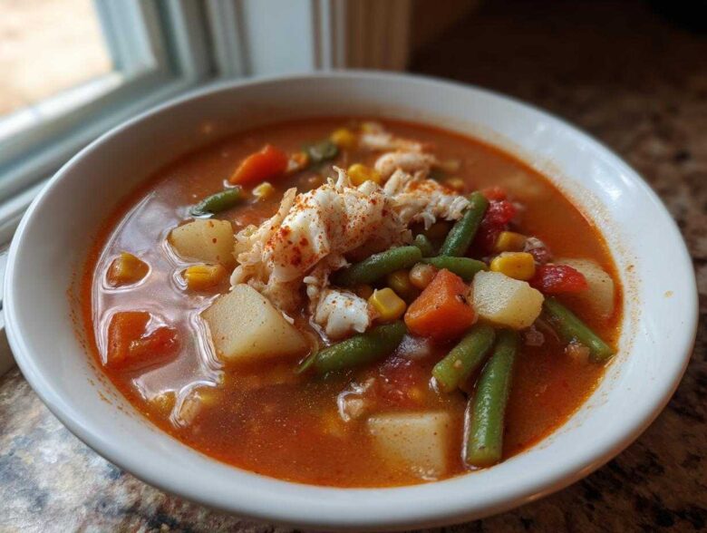 Close-up of a bowl of Maryland crab soup filled with vegetables, broth, and topped with crab meat and paprika.