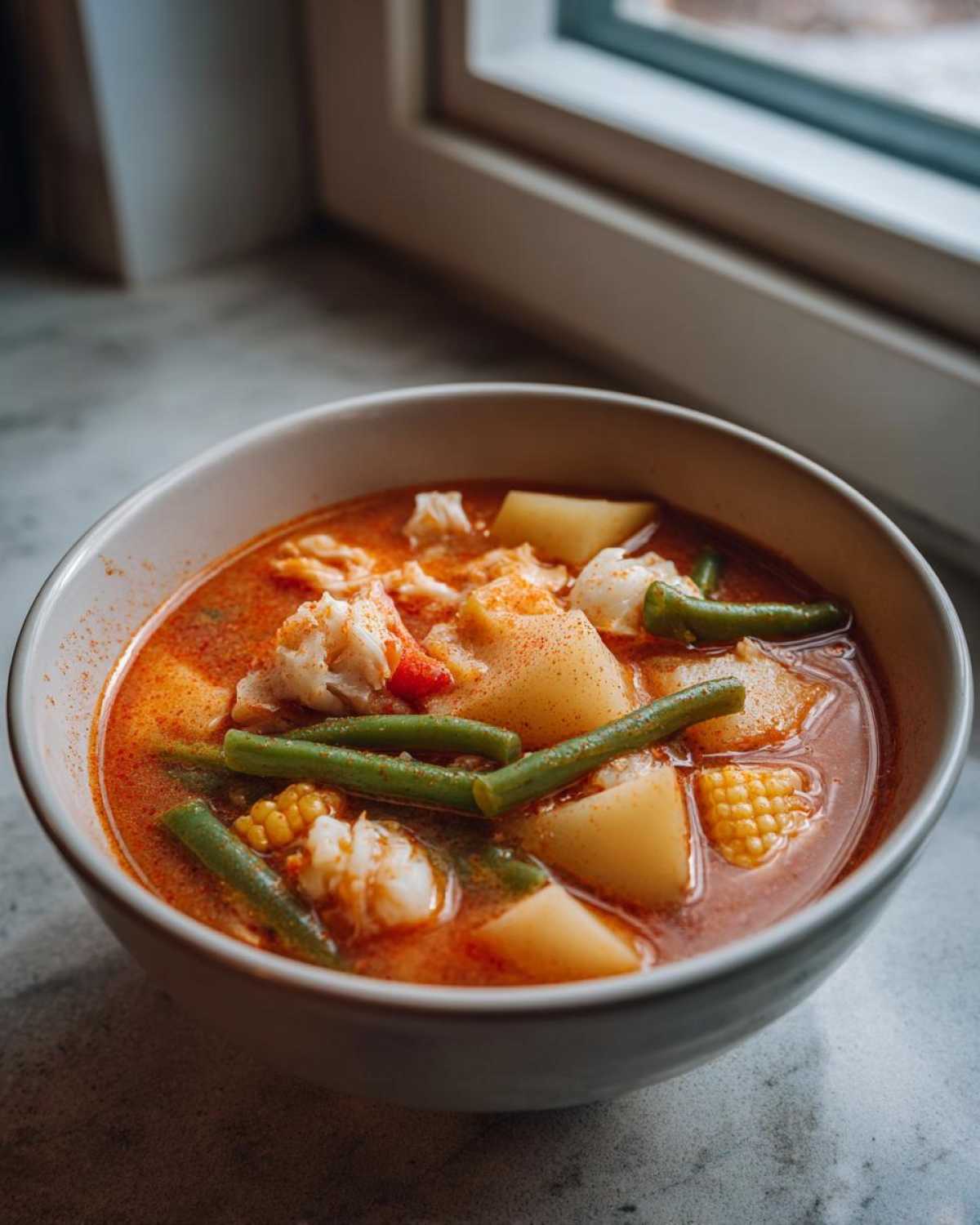 Close-up of a bowl of Maryland crab soup featuring chunks of crab meat, potatoes, green beans, and corn in a rich broth.