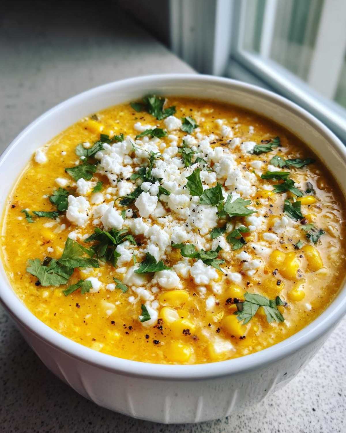 A close-up of a bowl of rich, yellow Mexican street corn soup topped with crumbled white cheese and fresh cilantro.