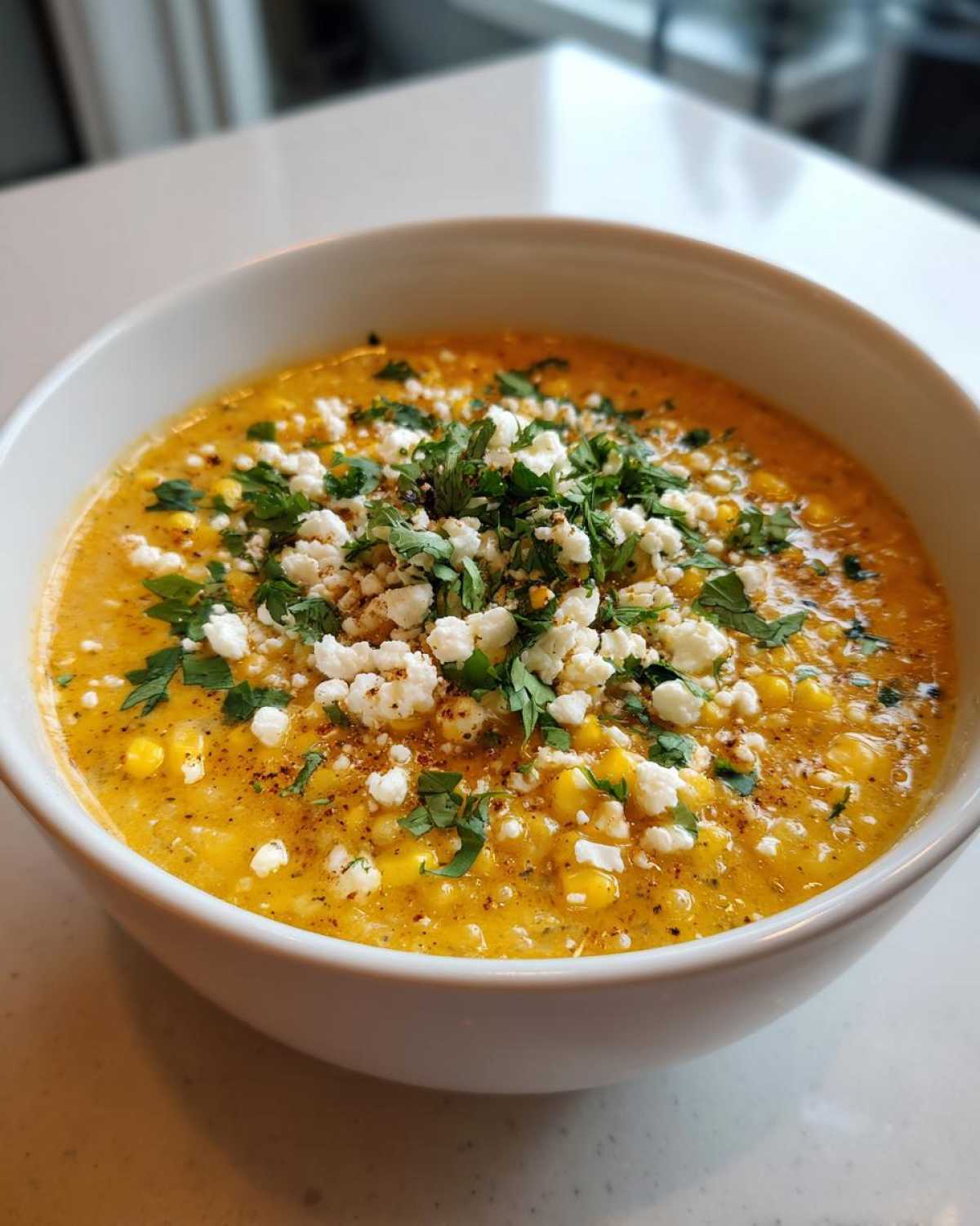Close-up of a bowl of creamy Mexican street corn soup topped with crumbled white cheese and fresh cilantro.