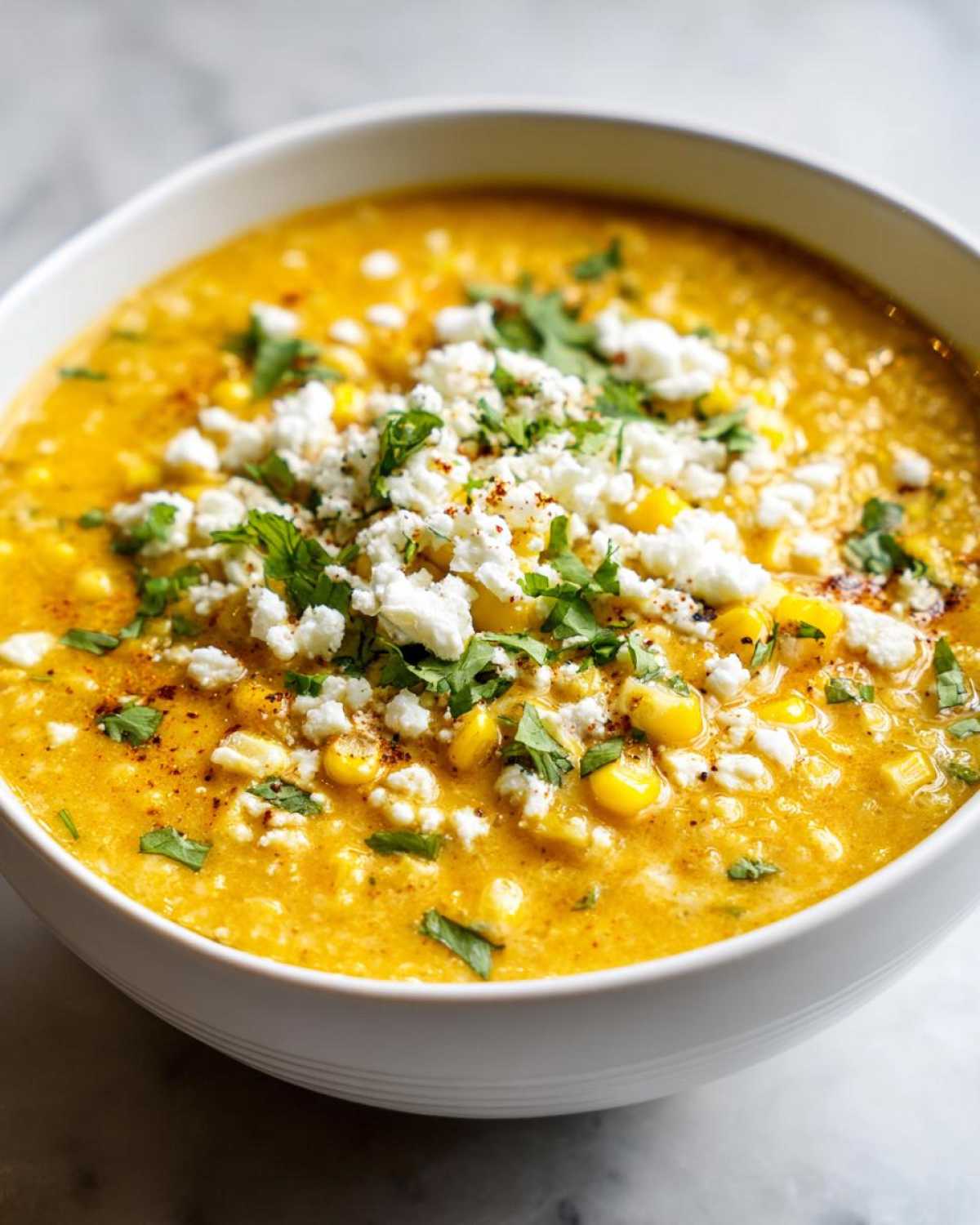 A close-up of a bowl of vibrant yellow Mexican street corn soup topped generously with crumbled white cheese and fresh cilantro.
