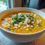 A close-up of a creamy, yellow Mexican street corn soup topped with crumbled white cheese and fresh cilantro.