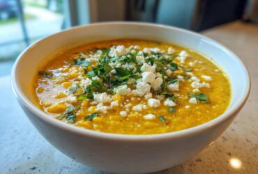 A close-up of a creamy, yellow Mexican street corn soup topped with crumbled white cheese and fresh cilantro.