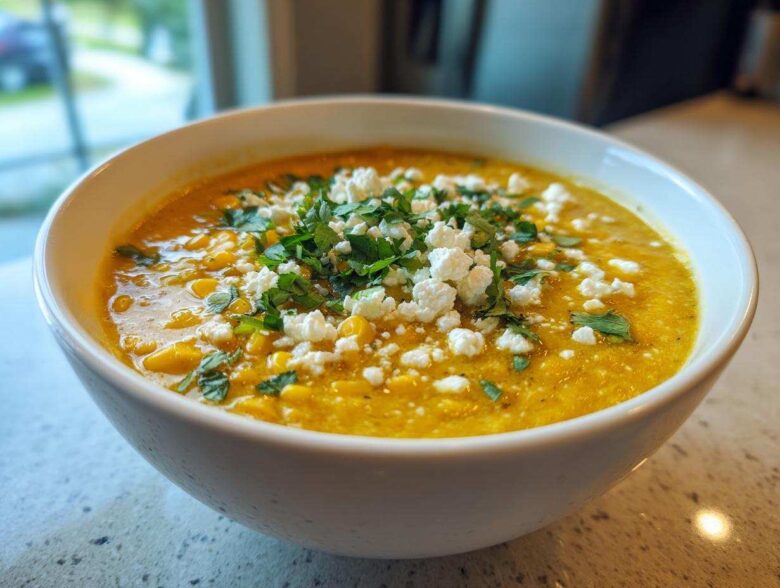A close-up of a creamy, yellow Mexican street corn soup topped with crumbled white cheese and fresh cilantro.