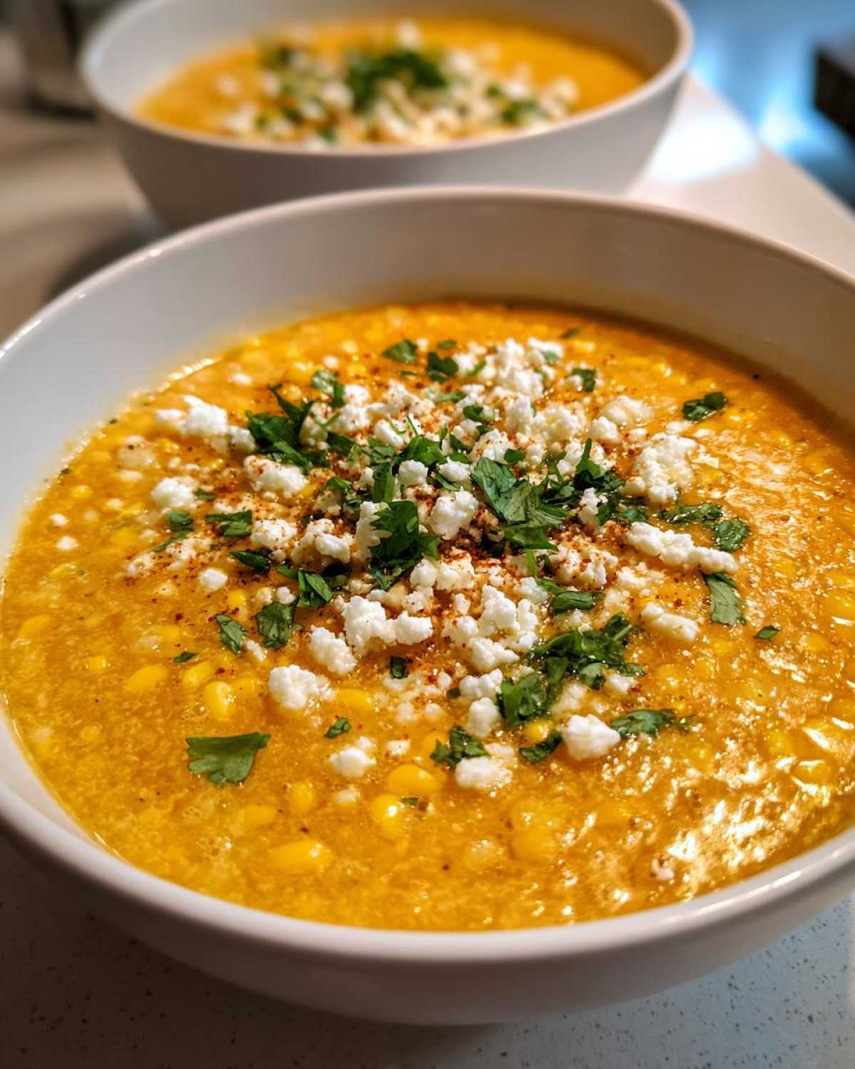 Close-up of a rich, yellow Mexican street corn soup topped with crumbled white cheese and fresh cilantro.