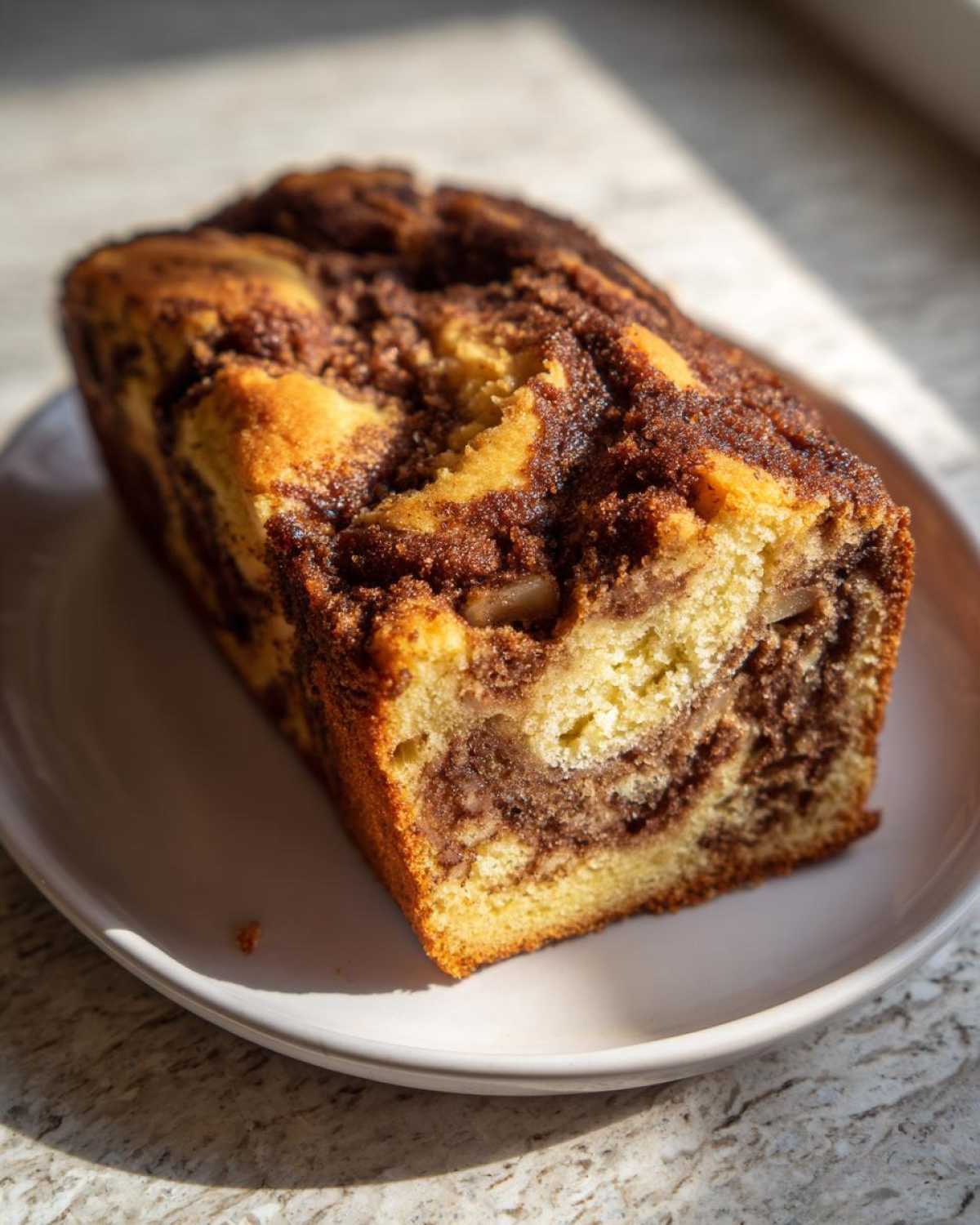 A close-up of a freshly baked, moist apple bread loaf with a dark cinnamon swirl topping on a white plate.