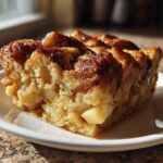 A close-up, sunlit serving of moist apple bread pudding topped with cinnamon on a white plate.