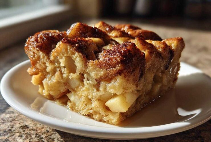 A close-up, sunlit serving of moist apple bread pudding topped with cinnamon on a white plate.