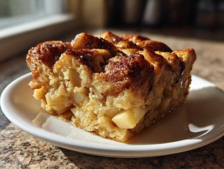 A close-up, sunlit serving of moist apple bread pudding topped with cinnamon on a white plate.