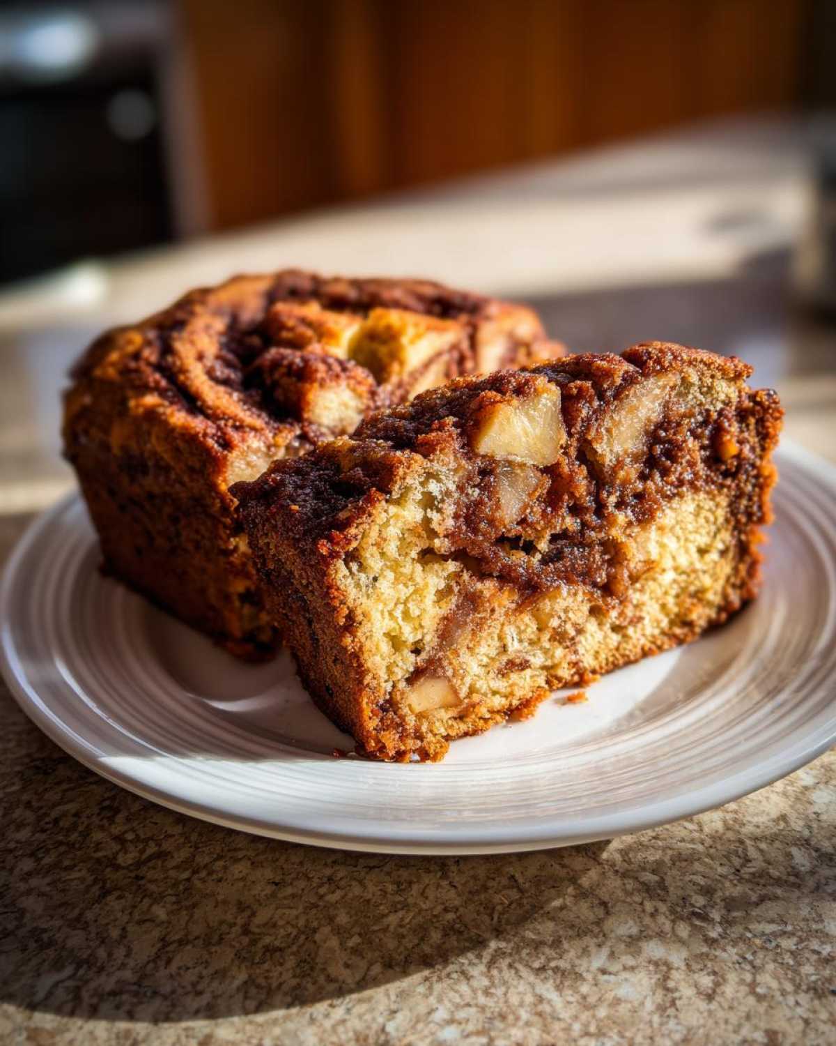 A thick slice of moist apple bread showing chunks of apple and a cinnamon swirl, served on a white plate.