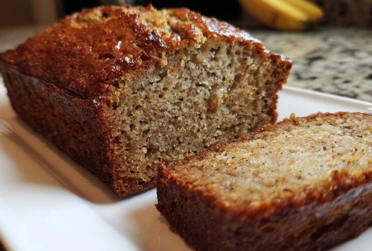 Close-up of a moist banana bread loaf with one slice cut and resting beside it on a white plate.