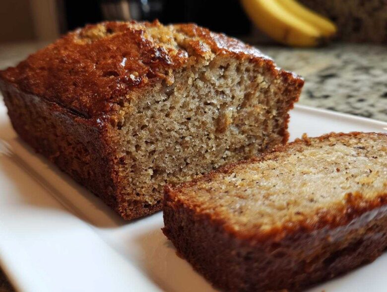 Close-up of a moist banana bread loaf with one slice cut and resting beside it on a white plate.