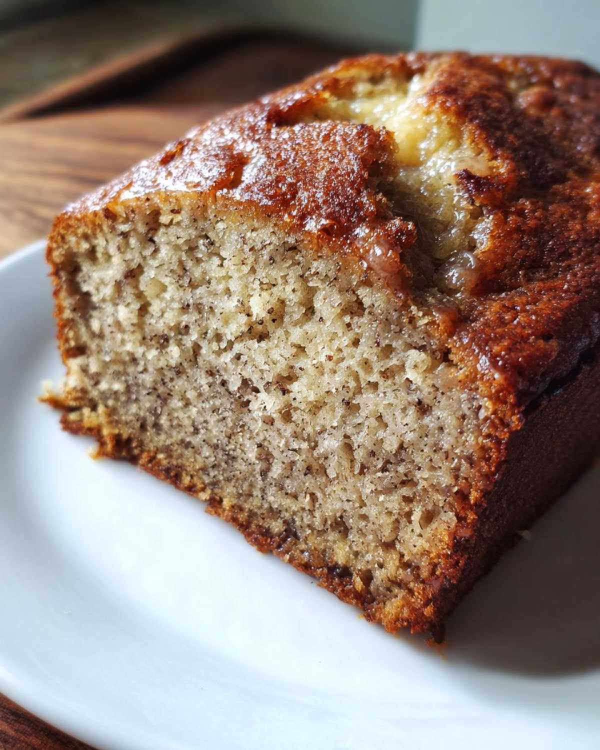 Close-up of a moist slice of banana bread showing its tender crumb and caramelized top crust.