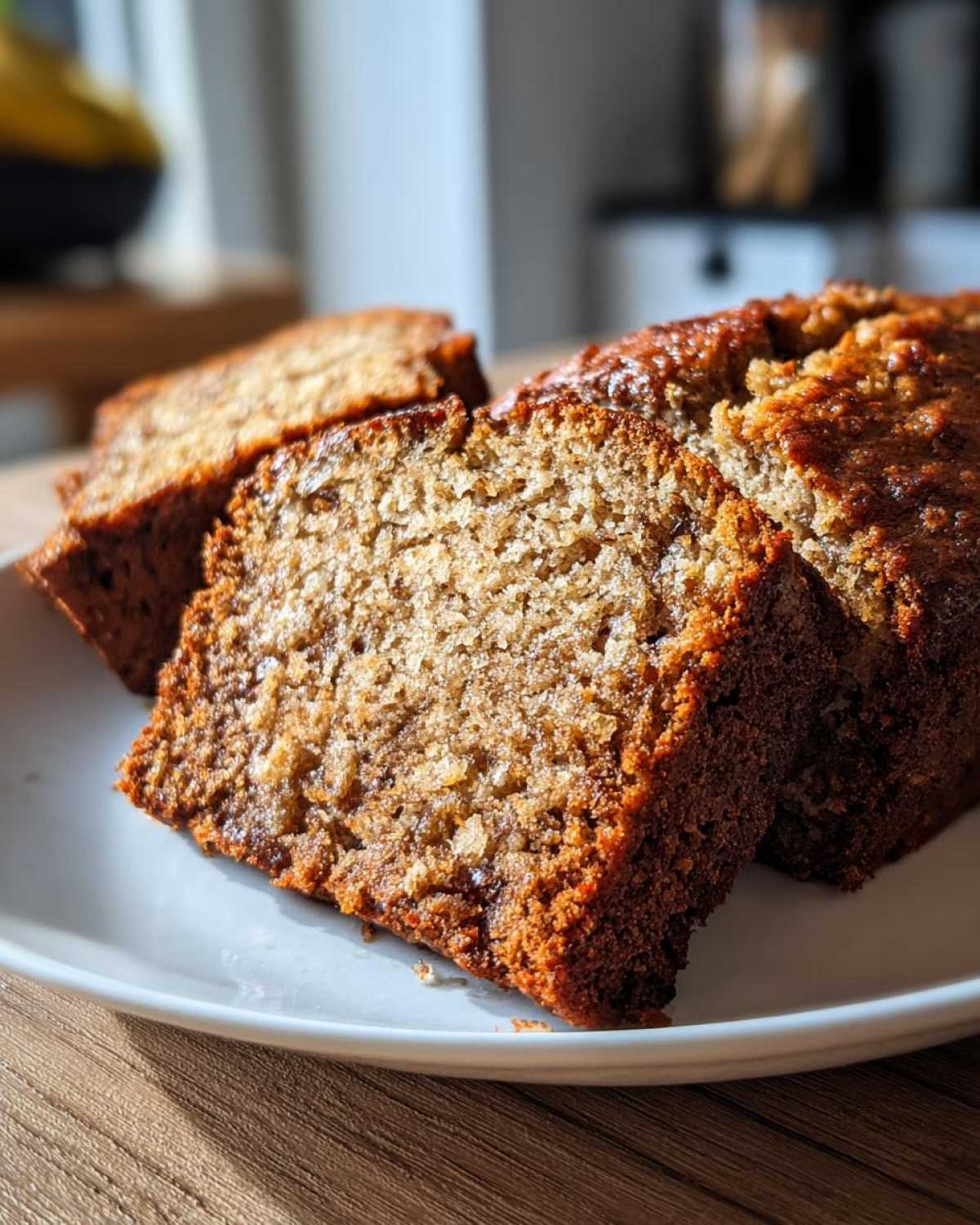 Close-up of moist banana bread slices showing a rich brown crumb texture, served on a white plate.