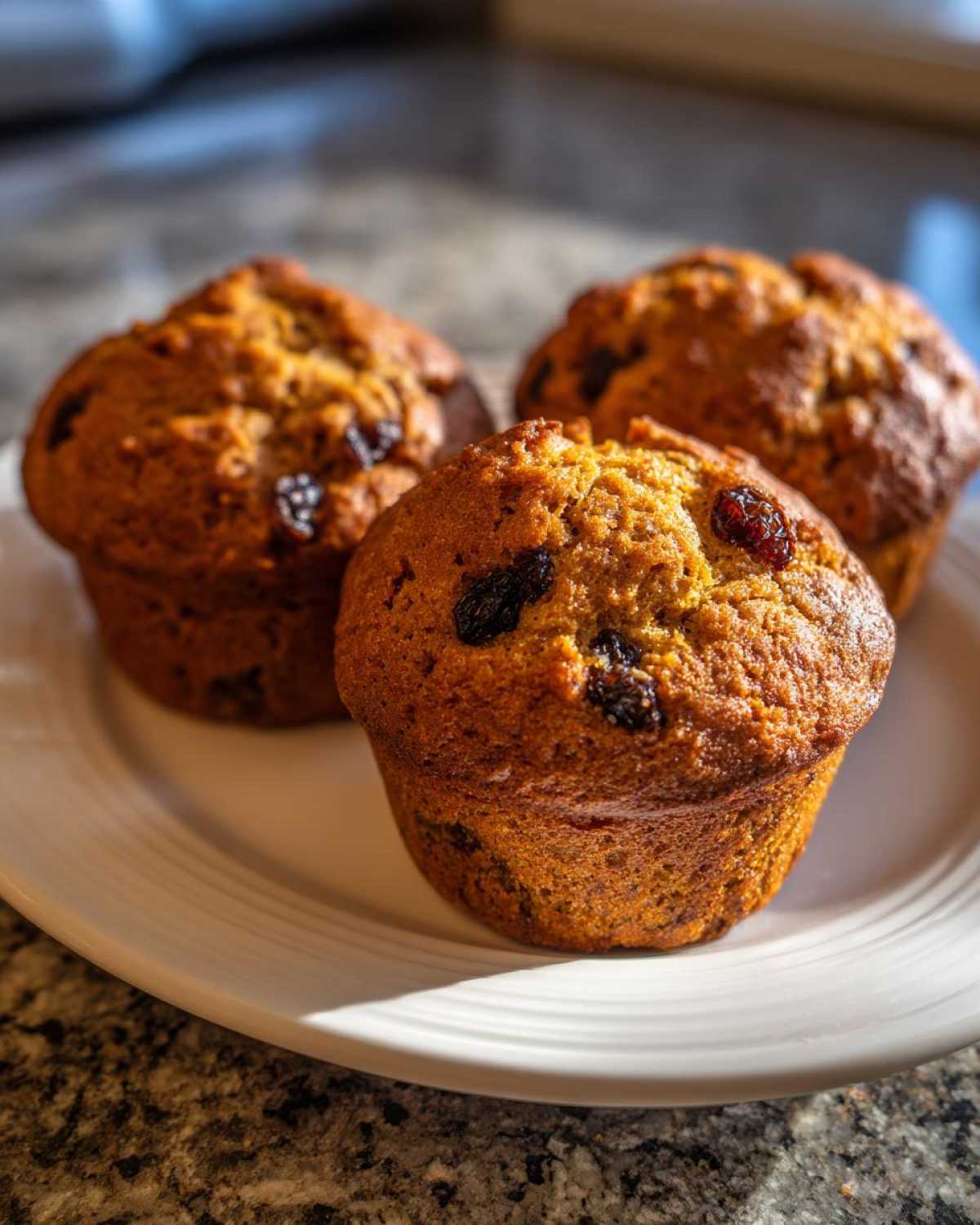 Three golden brown raisin bran muffins displayed closely on a white plate under natural light.