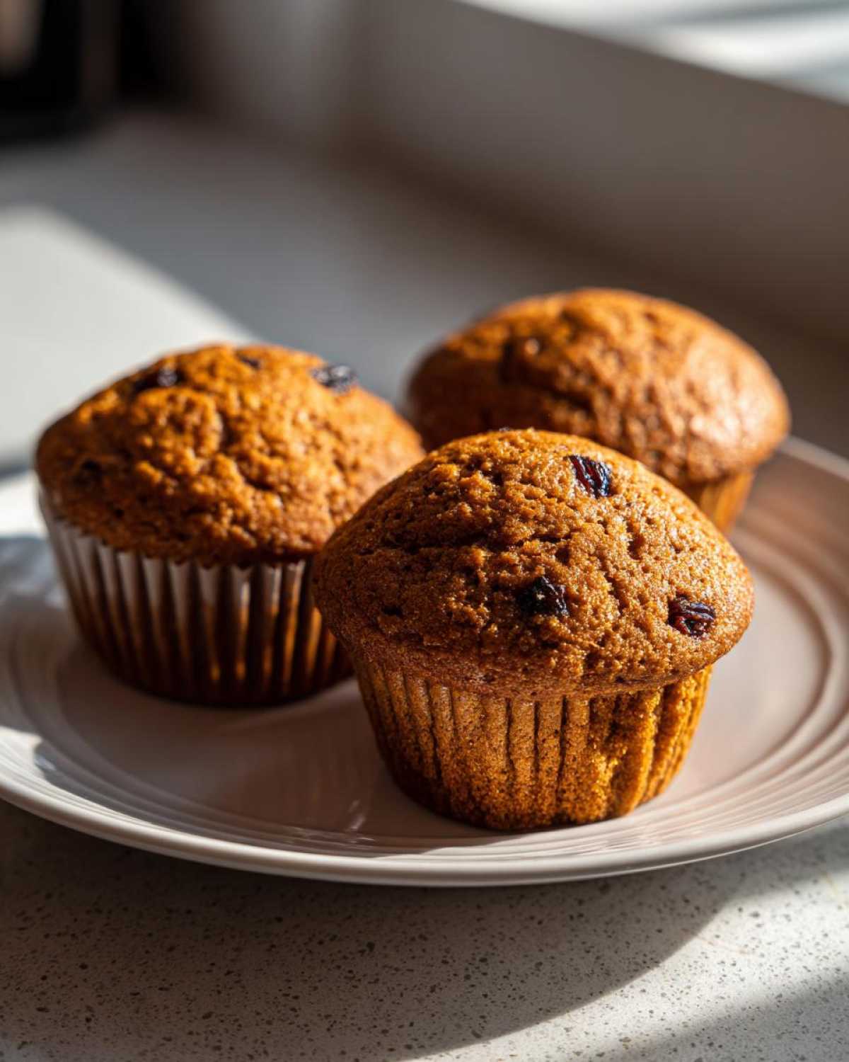 Three golden brown bran muffins, studded with raisins, sitting on a light plate in dramatic sunlight.