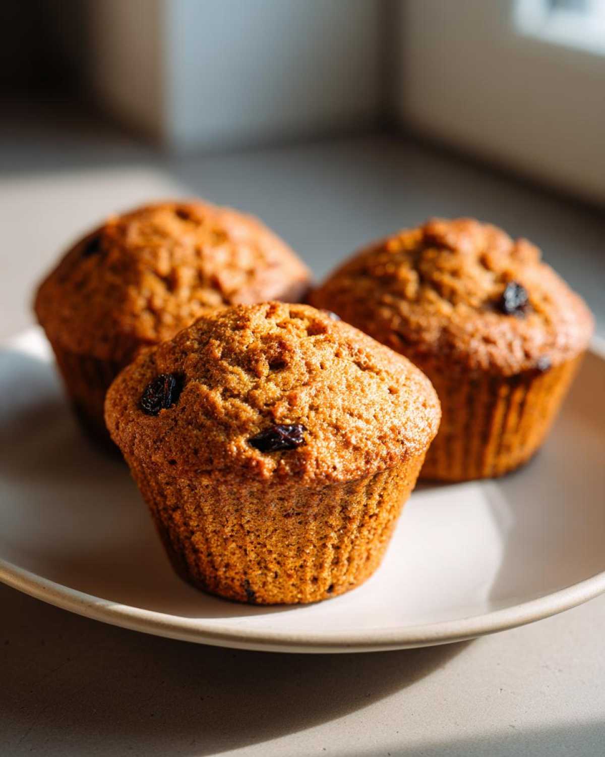 Three perfectly baked bran muffins studded with raisins resting on a light-colored plate, captured in natural light.