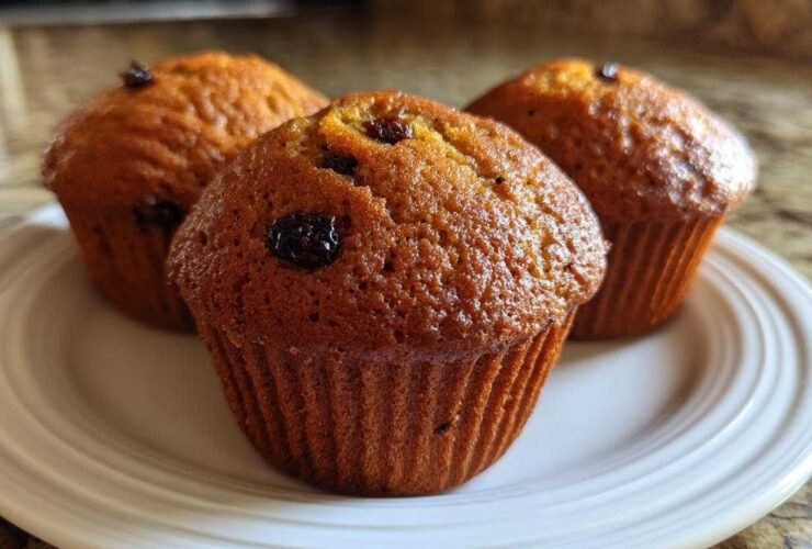 Close-up of three golden brown, moist bran muffins topped with raisins, resting on a white plate.