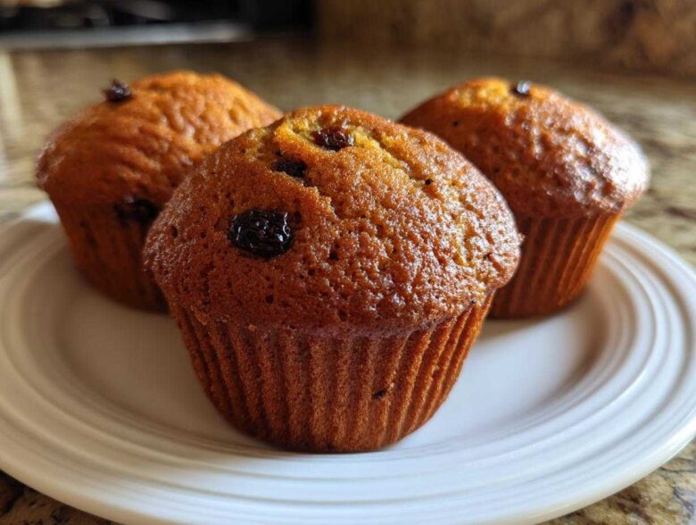 Close-up of three golden brown, moist bran muffins topped with raisins, resting on a white plate.