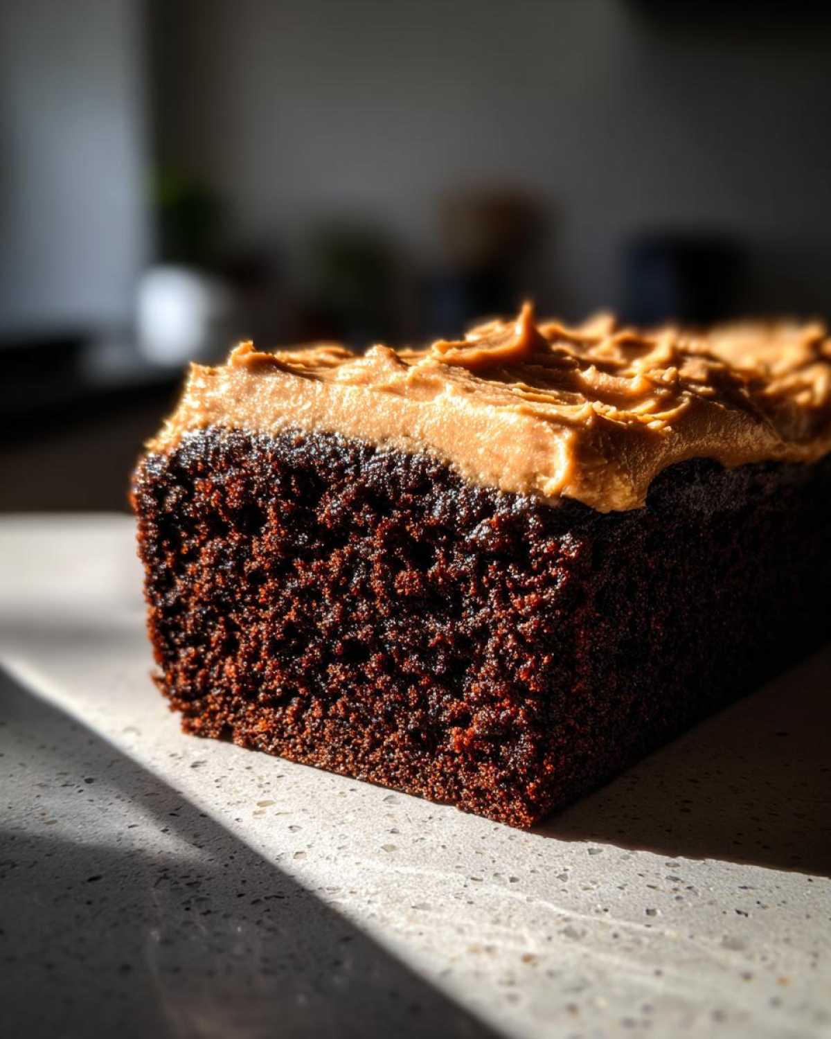 Close-up of a dark, moist slice of gingerbread cake topped with thick, swirled brown frosting.