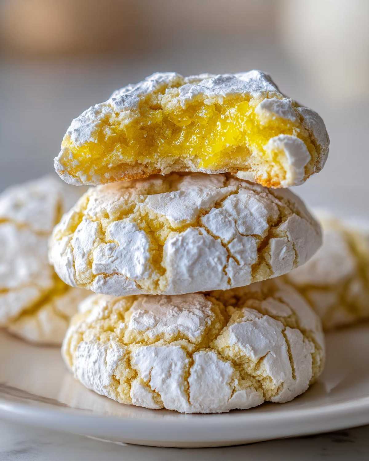 Close-up of stacked lemon crinkle cookies, showing the bright yellow, moist interior of the top cookie.
