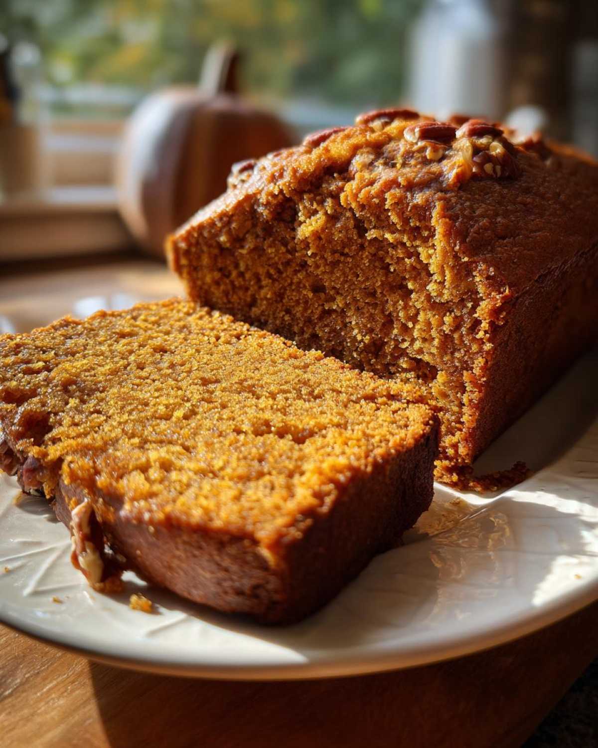 Close-up of a freshly baked, moist pumpkin bread loaf with one slice cut, topped with pecans.