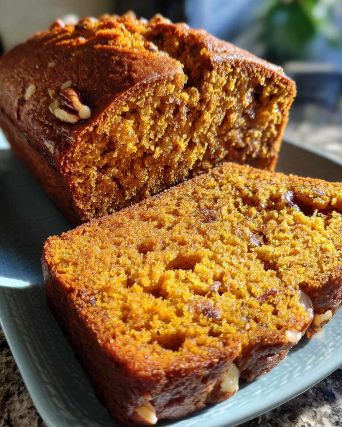 Close-up of a moist slice of homemade pumpkin bread, showing its rich orange color and walnut pieces.