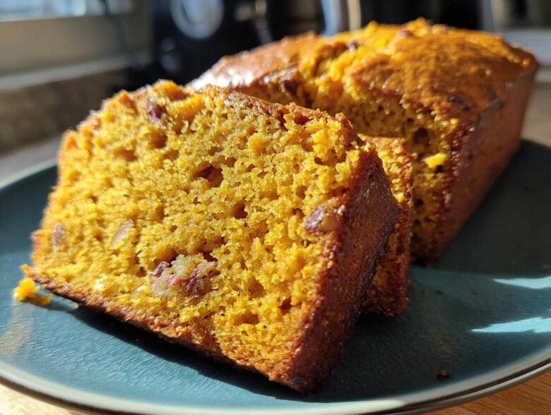 Close-up of two moist slices of bright orange pumpkin bread with visible nuts on a teal plate.