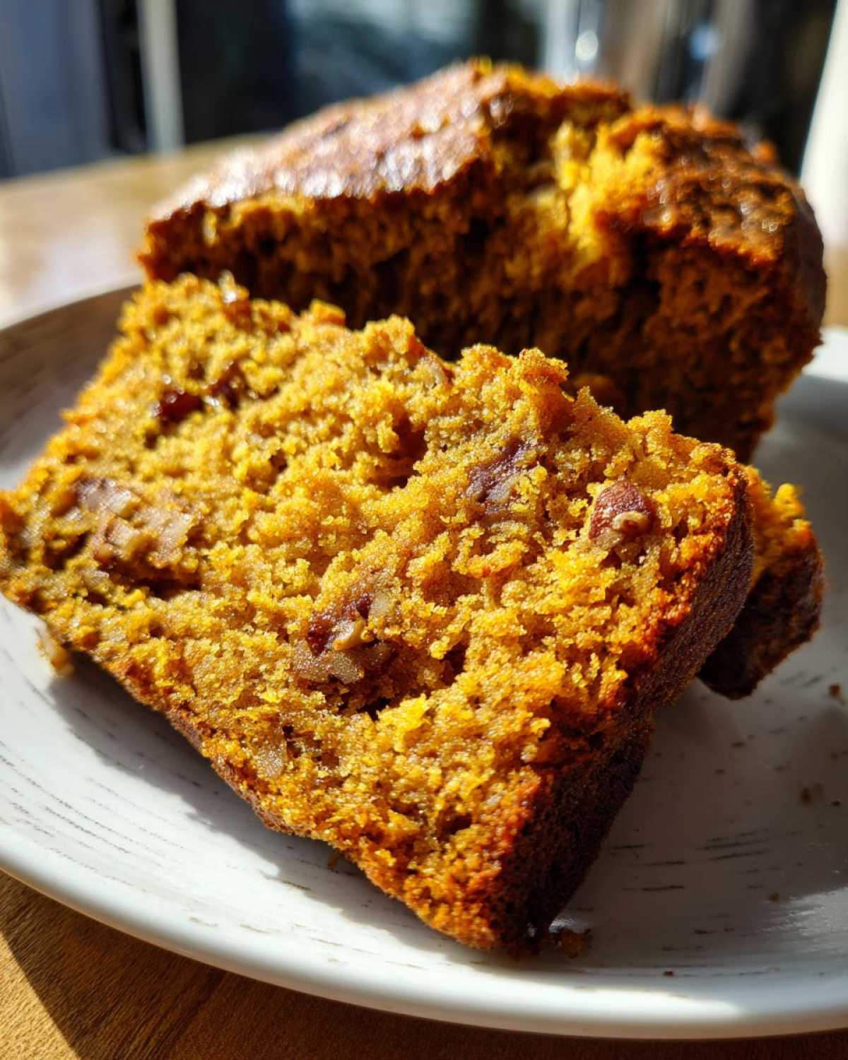 Close-up of two moist slices of homemade pumpkin bread with visible nuts, sitting on a white plate.