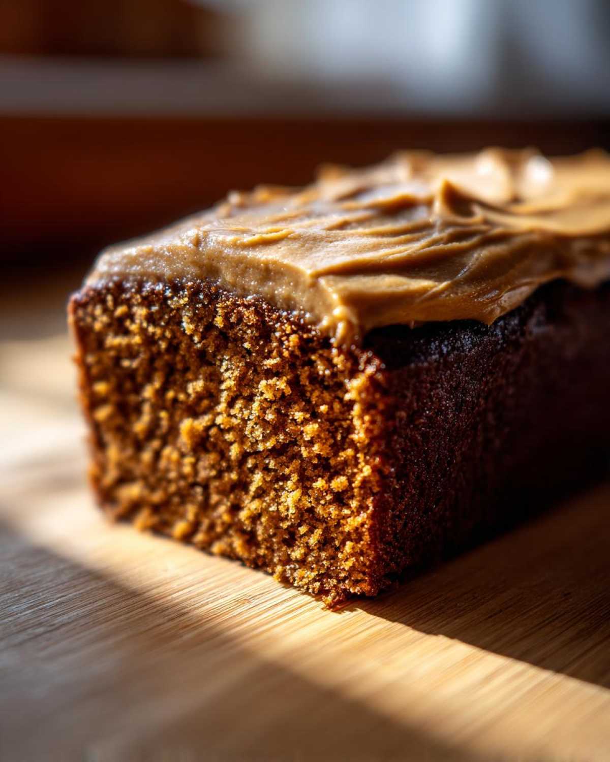 Close-up of a richly textured slice of gingerbread cake topped with thick, swirled brown frosting.