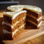 A thick slice of layered spice cake with white cream cheese frosting next to the remaining round cake.