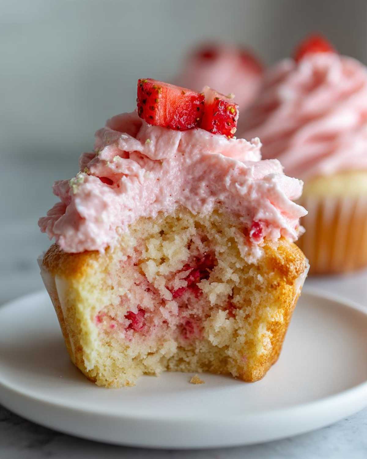 Close-up of a moist strawberry cupcakes with a bite taken out, showing the pink strawberry-flecked interior and pink frosting topped with fresh strawberry pieces.