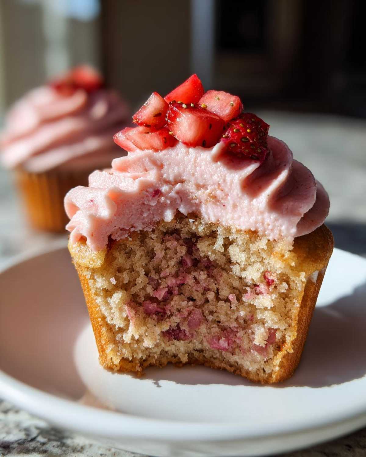 Close-up of a moist strawberry cupcakes cut in half, showing pink frosting and diced strawberries on top.