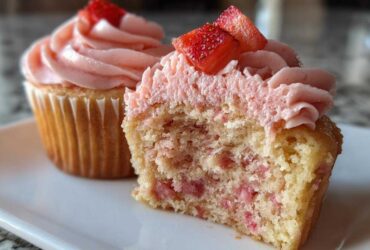 Close-up of a moist strawberry cupcake cut in half showing pink frosting and strawberry pieces inside the cake.