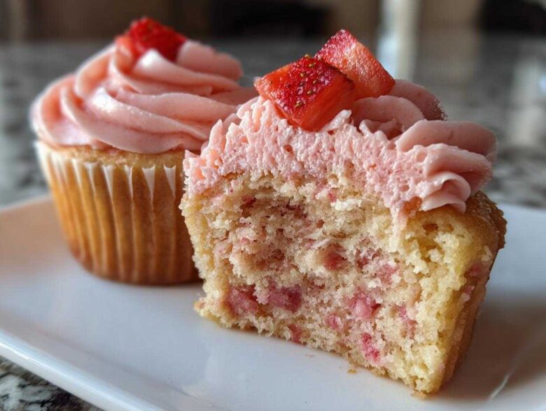 Close-up of a moist strawberry cupcake cut in half showing pink frosting and strawberry pieces inside the cake.