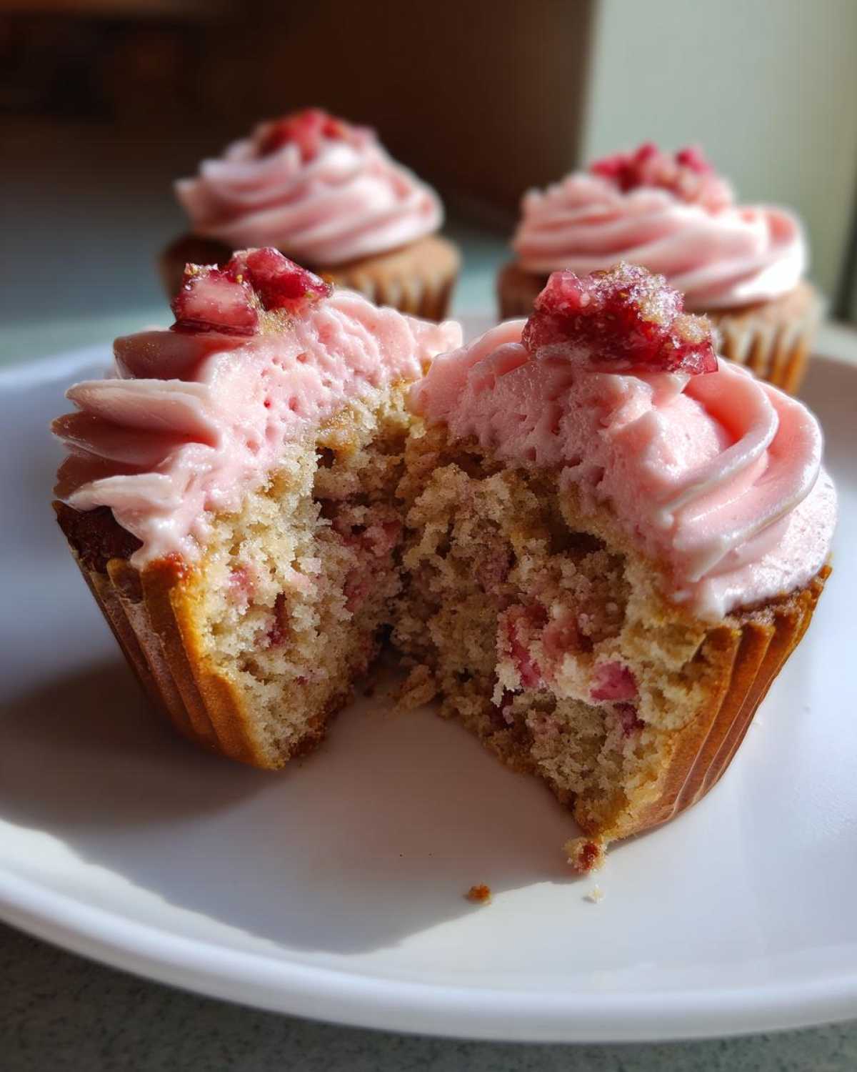 Close-up of a strawberry cupcake cut in half showing the moist crumb and pink frosting of the amazing strawberry cupcakes.