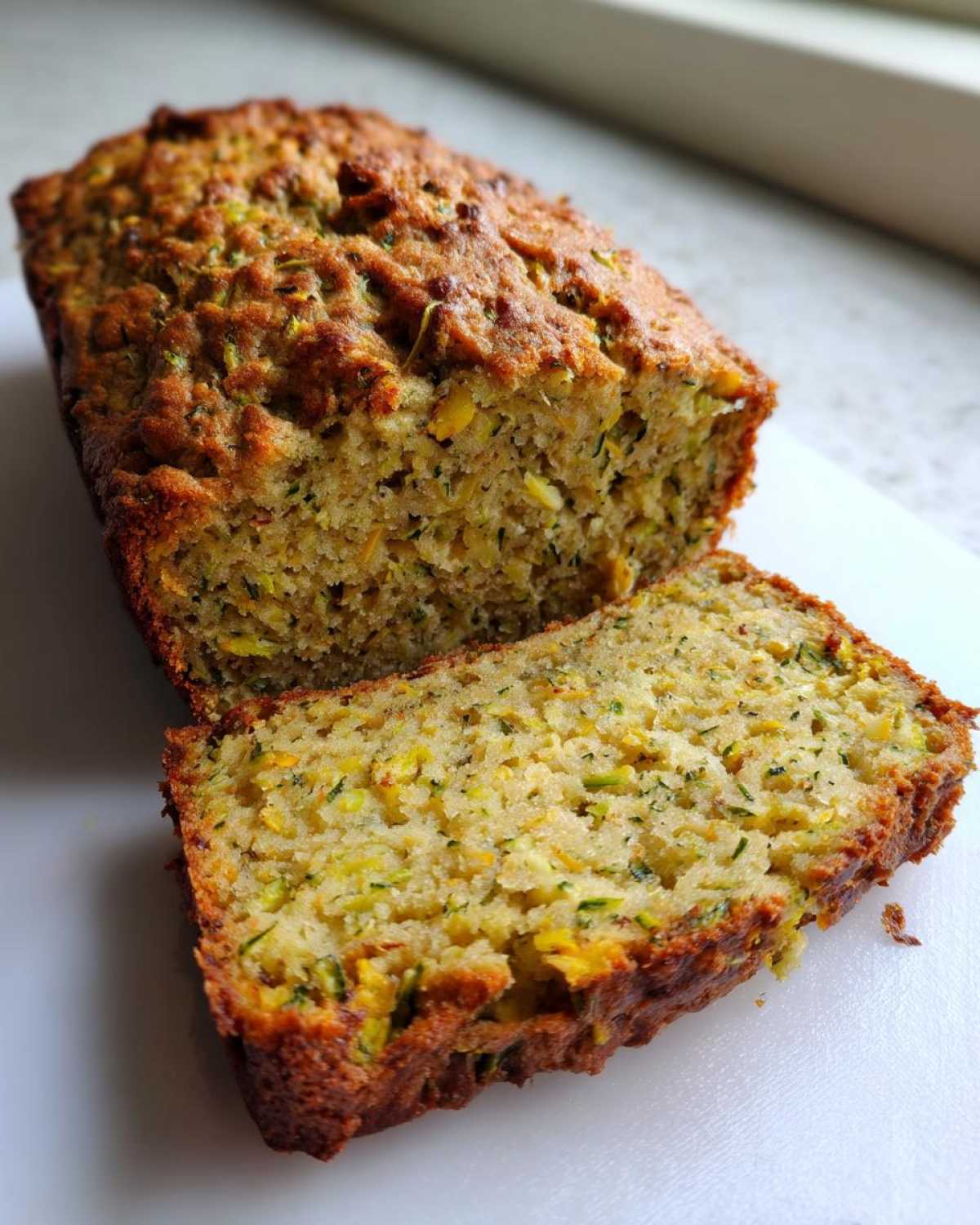 A golden-brown loaf of zucchini banana bread, with one thick slice cut and resting against the main loaf.