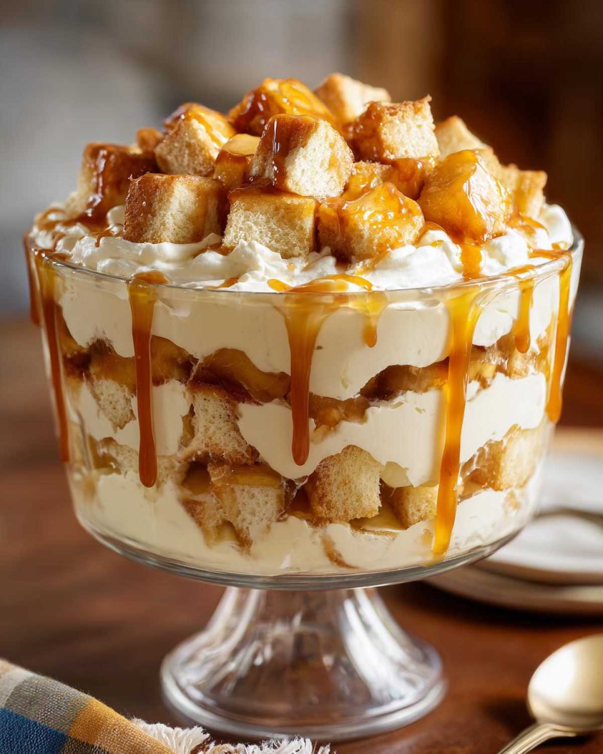 Close-up of a layered caramel apple trifle in a glass pedestal bowl, topped with cake cubes and drizzled with caramel sauce.