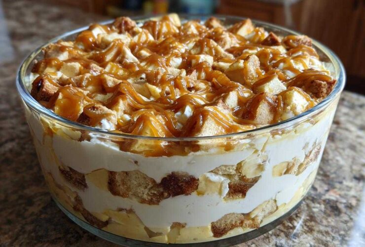 Close-up of a layered no-bake caramel apple trifle featuring cake cubes, cream, and a generous caramel drizzle on top.