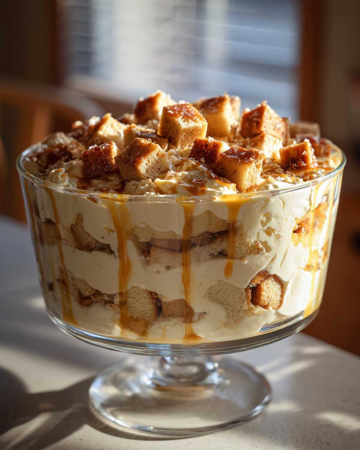 Close-up of a stunning no-bake caramel apple trifle layered with cream and cake cubes, drizzled with caramel sauce.