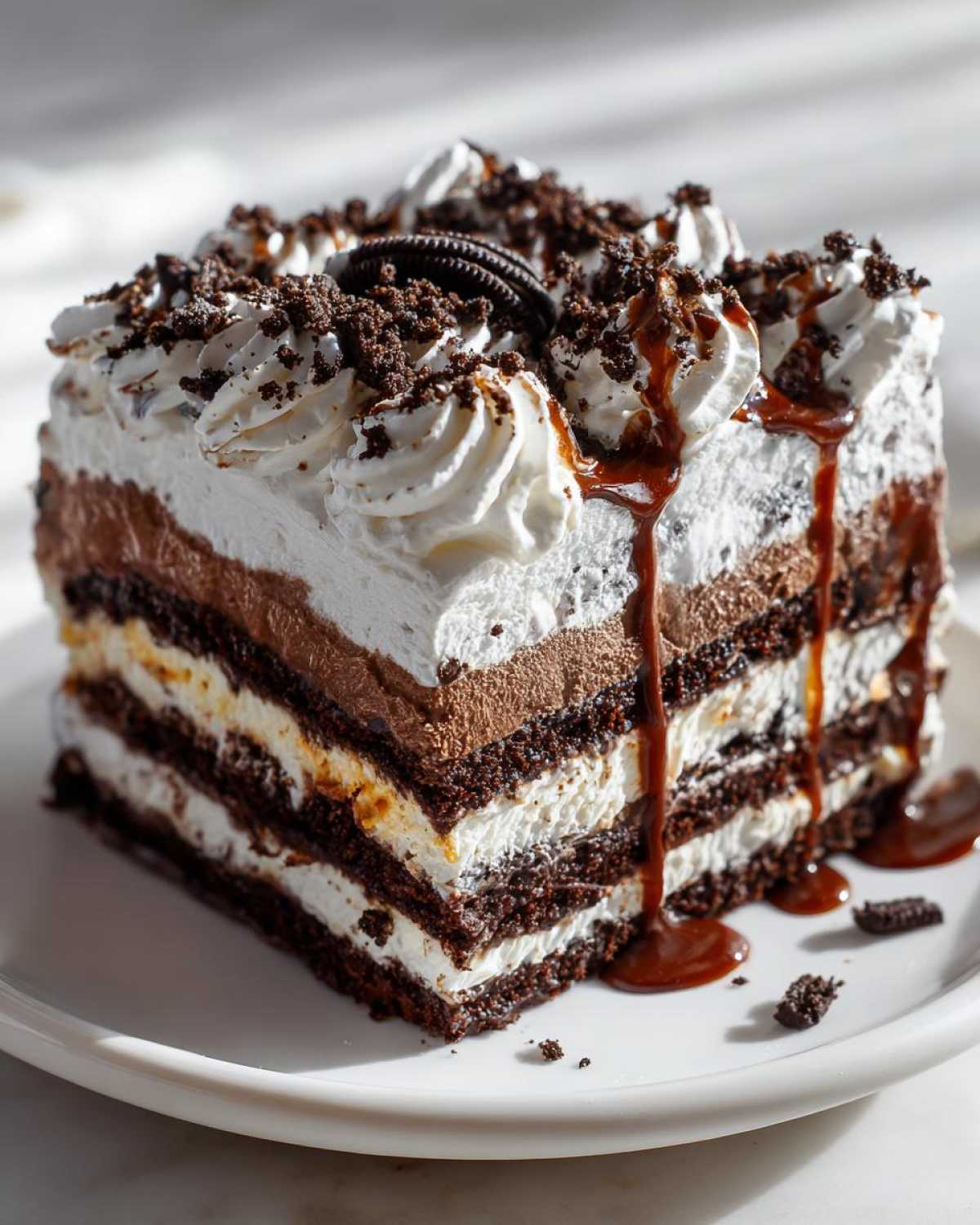 A tall, layered slice of no-bake ice cream cake with chocolate, cream, and caramel drizzle.