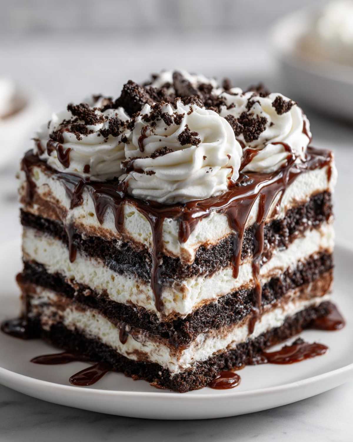 A rich, layered slice of no-bake ice cream cake with chocolate layers, cream filling, and chocolate drizzle.